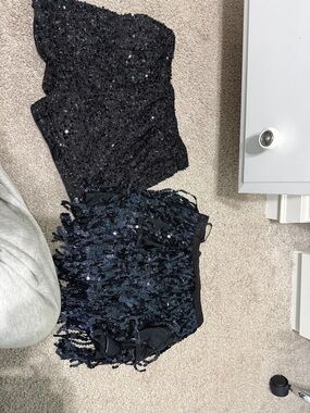 Black Sequin Fringe Mini Skirt and shorts